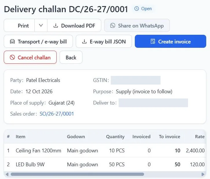 Delivery challan DC/26-27/0001 in the Tradeloom demo against sales order SO/26-27/0001: 10 ceiling fans and 50 LED bulbs sent from Main godown, with buttons for transport and e-way bill details and Create invoice.