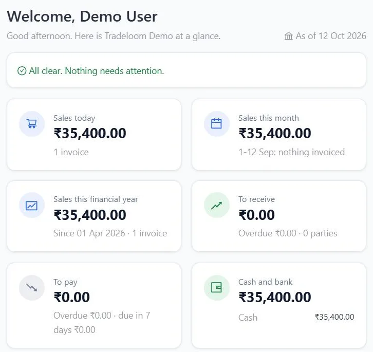Tradeloom dashboard in the demo: sales today, this month and this financial year, amounts to receive and to pay with overdue totals, and cash and bank balances.