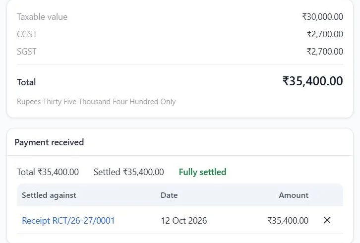 The same invoice after payment: ₹35,400 settled by receipt RCT/26-27/0001 and marked Fully settled.
