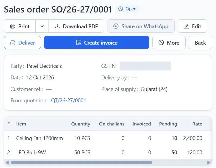 Sales order SO/26-27/0001 in the Tradeloom demo for the sample party Patel Electricals: ceiling fans and LED bulbs with columns for quantity ordered, on challans, invoiced and pending.